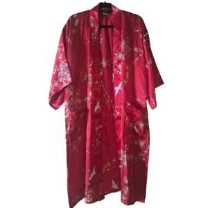 Japanese 100% Silk Kimono - Red Floral Print Boho Robe